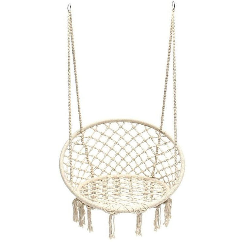 Macrame hanging chair in natural cotton rope with fringe tassels