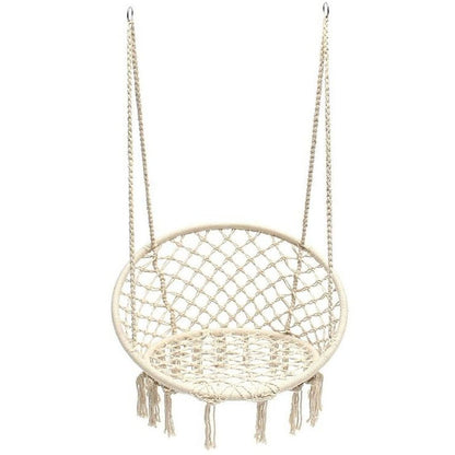 Macrame hanging chair in natural cotton rope with fringe tassels
