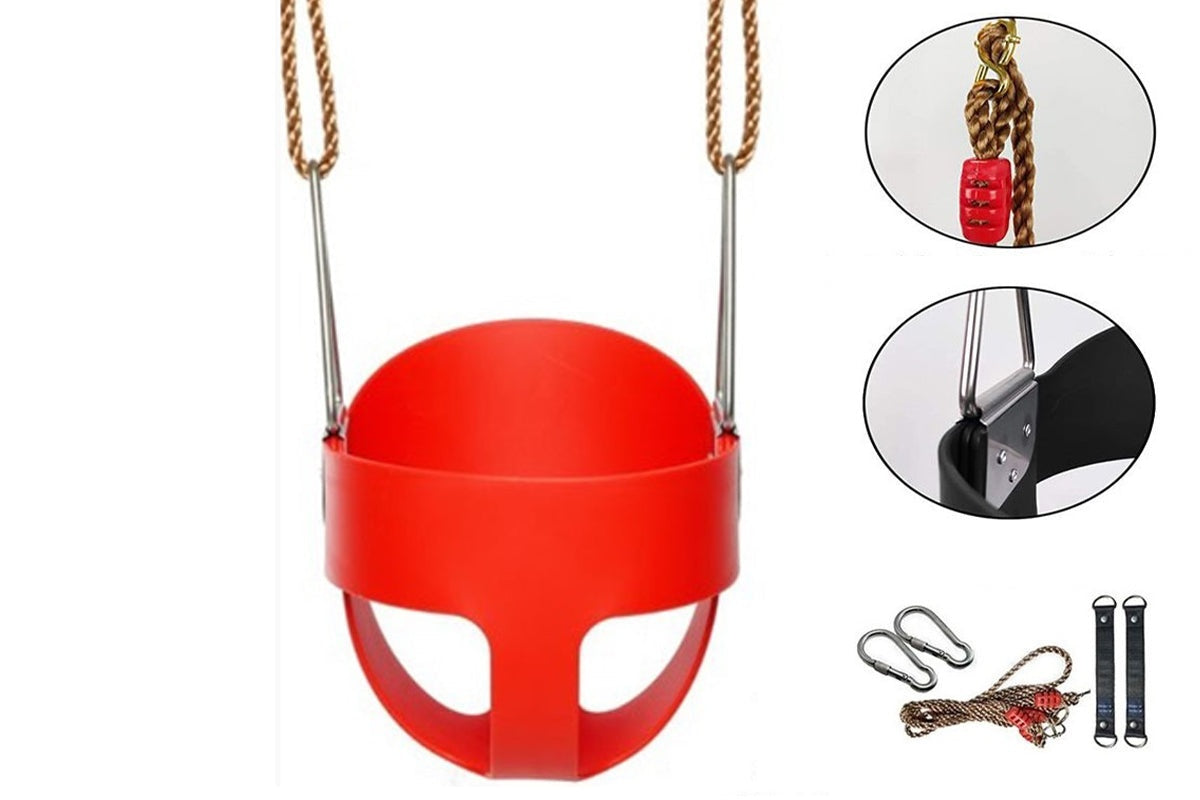 Side view of bucket style toddler swing seat with armrests