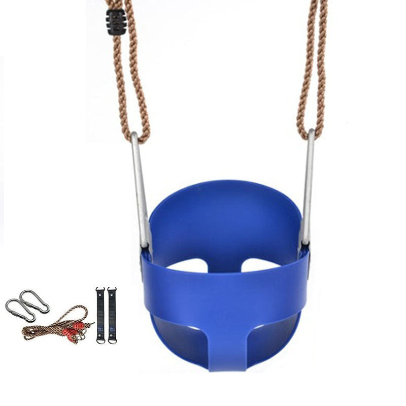 Blue bucket toddler swing showing front view with EVA seat