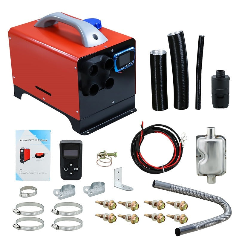Diesel air heater 8KW 12V showing red metal casing