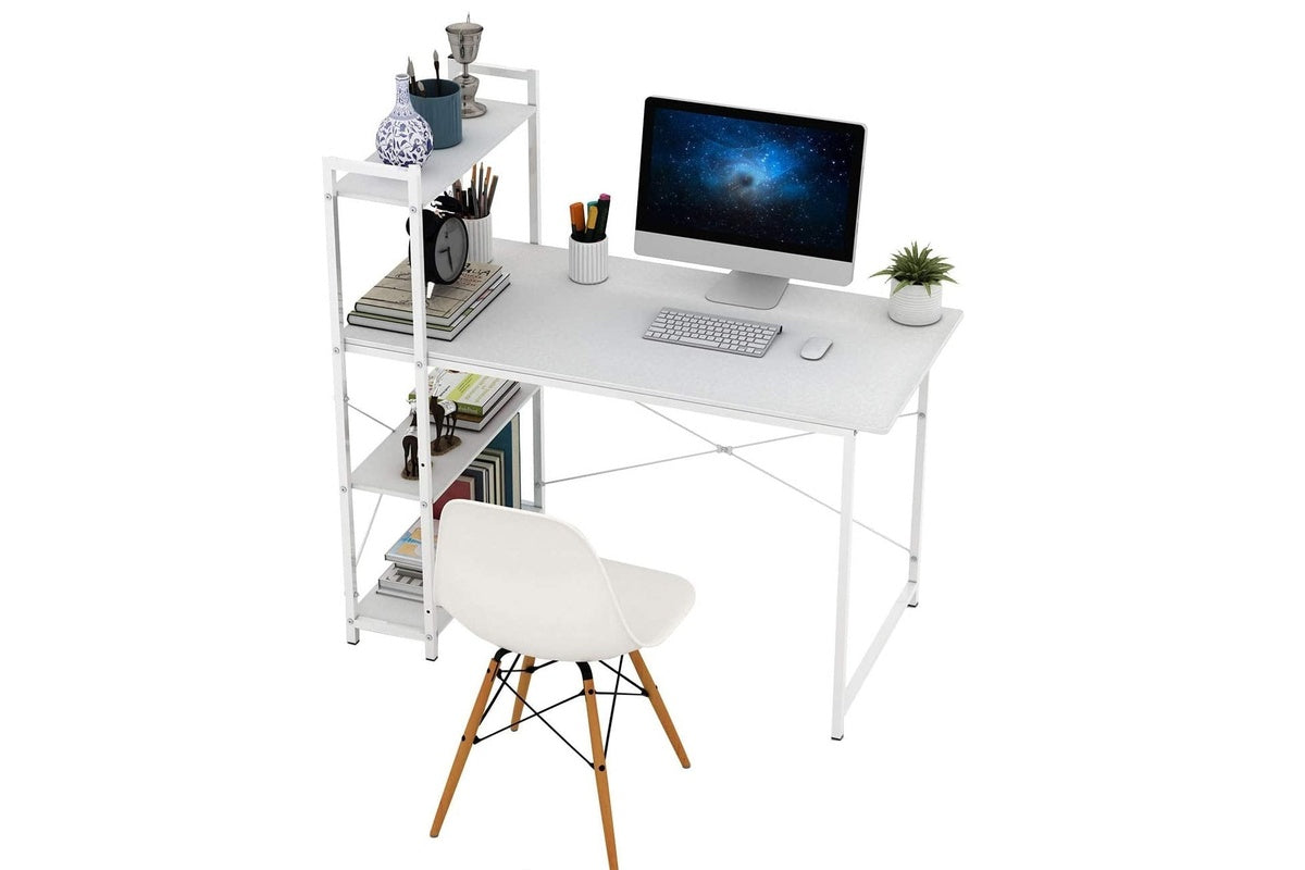 Top view of computer desk table showing white MDF surface