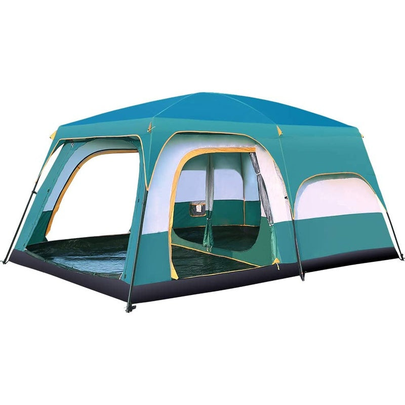 Camping tent family size in green and grey from front view