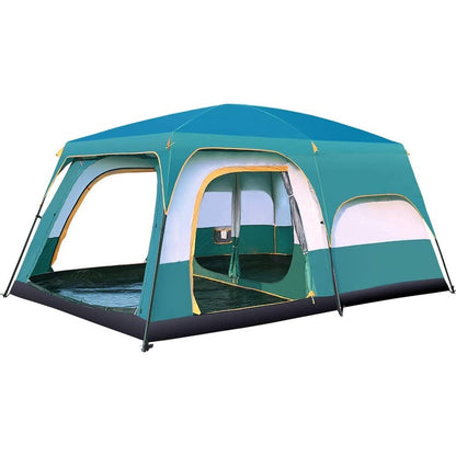 Camping tent family size in green and grey from front view