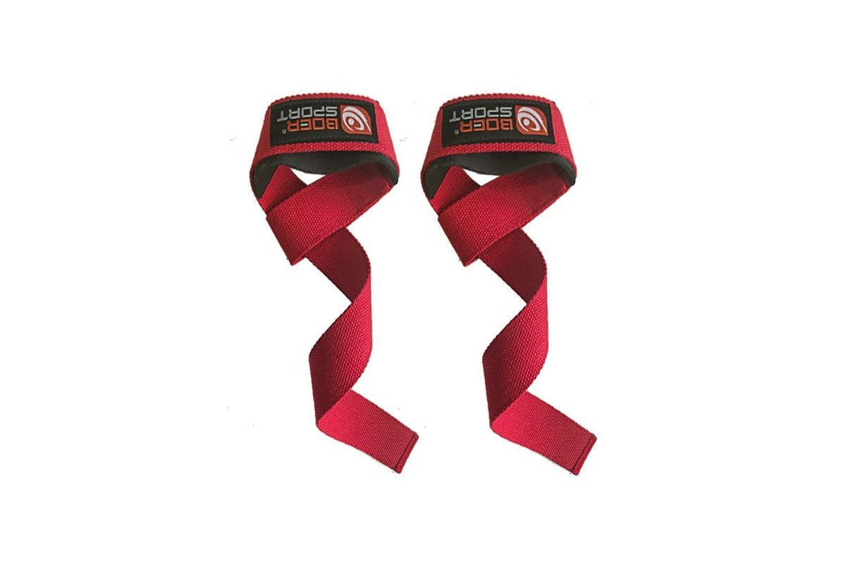 Close up of red weight lifting straps polyester material