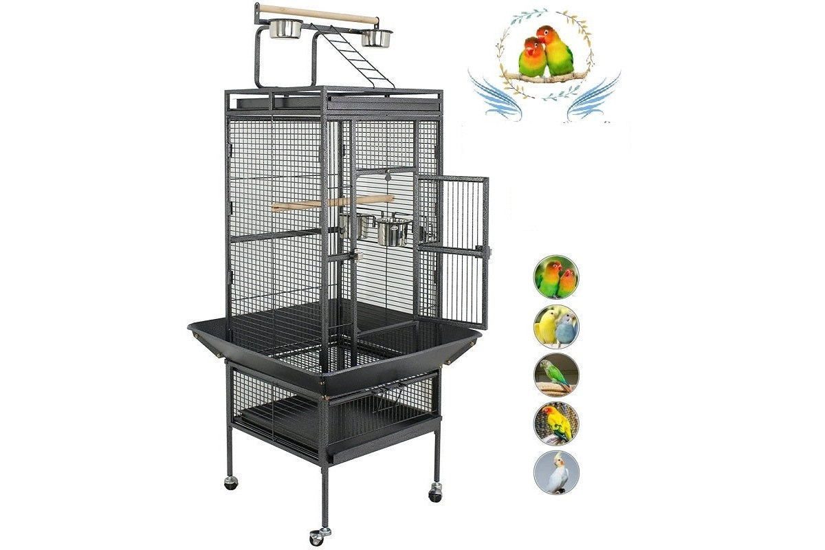 Side angle of parrot aviary bird cage showing ladder