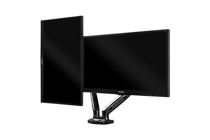 Close up of dual arm monitor stand bracket mount gas spring mechanism