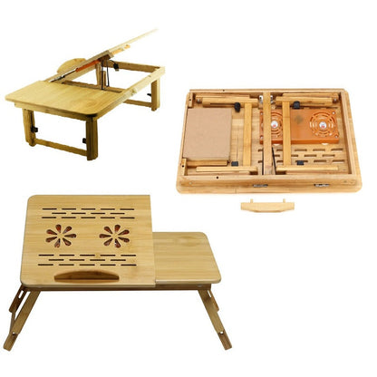 Bamboo laptop stand showing natural colour and foldable design