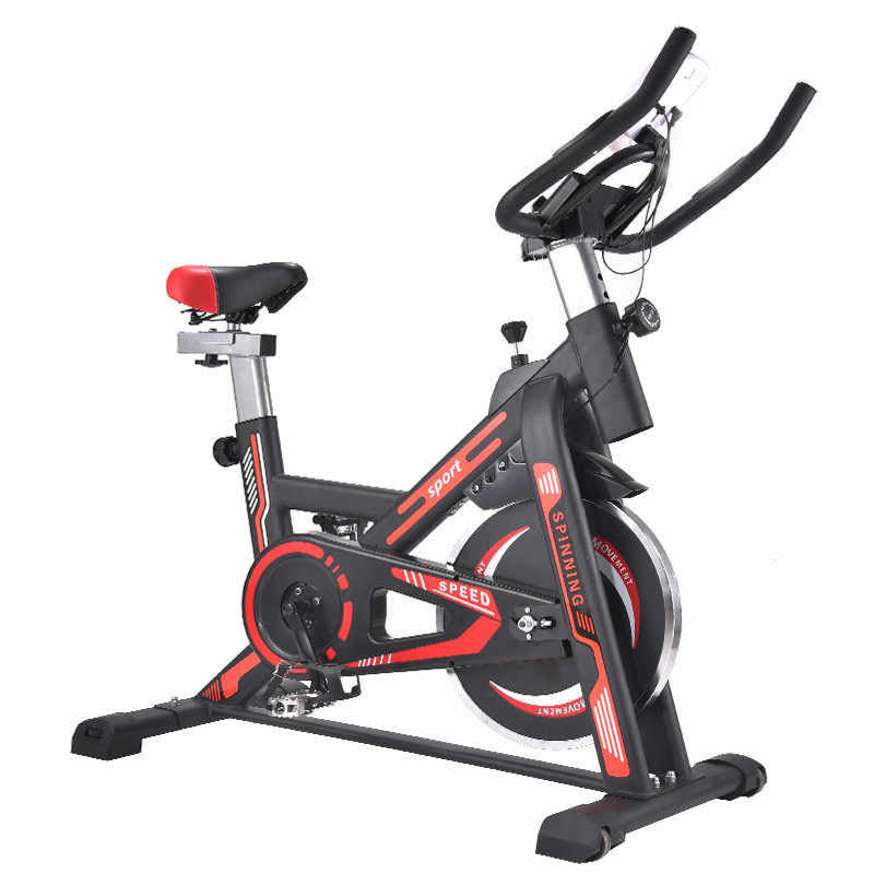 Exercise bike side view showing blue steel frame
