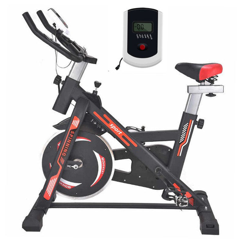 Red exercise bike side view showing steel frame