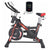 Red exercise bike side view showing steel frame
