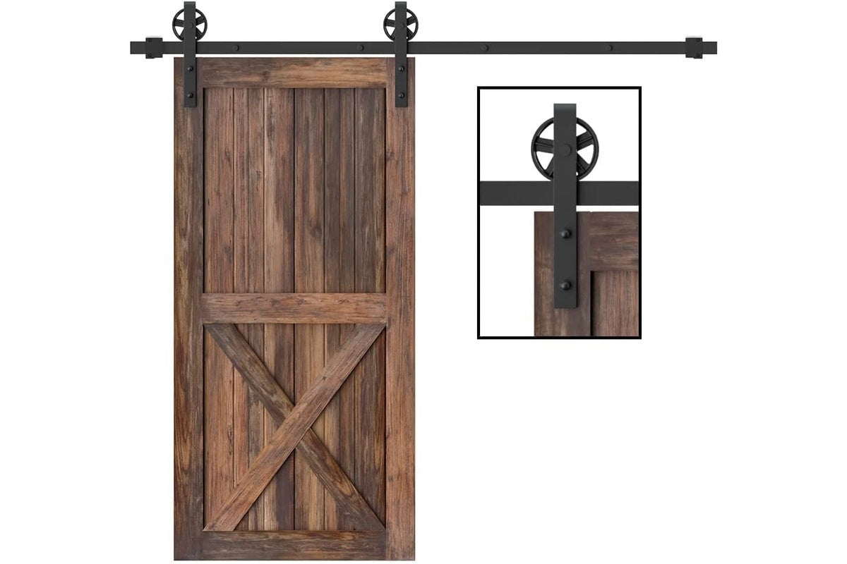Close up of barn door hardware steel roller and hanger