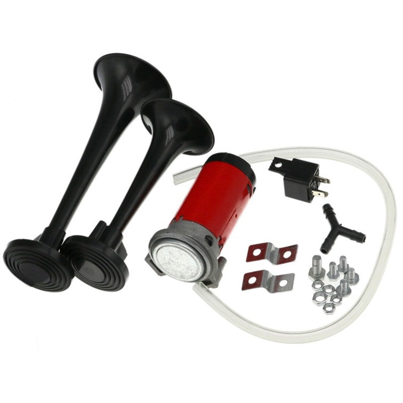 Dual air horn 12V car horn set showing chrome trumpet detail