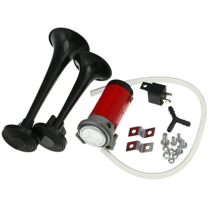 Dual air horn 12V car horn set showing chrome trumpet detail