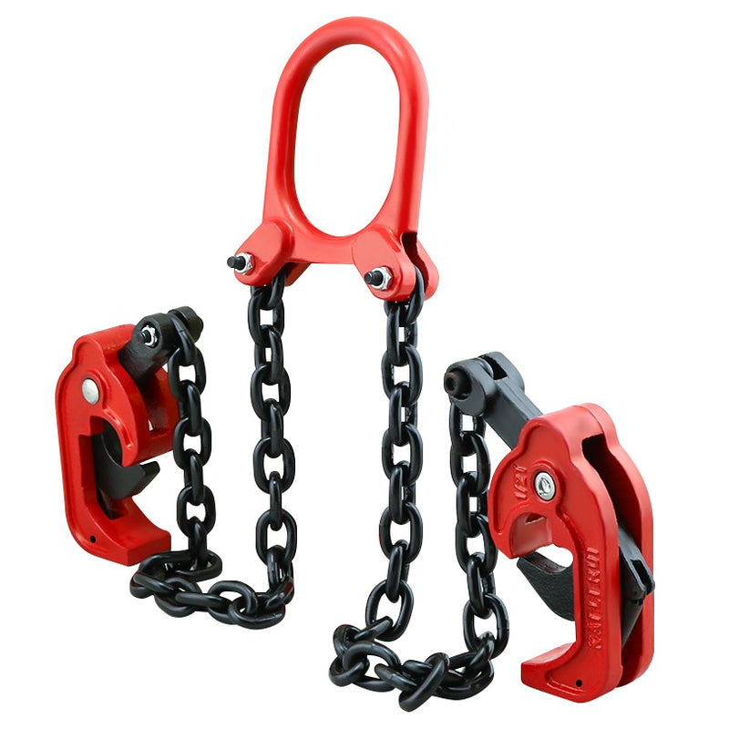 Drum lifter trolley showing chain sling and spring-loaded latch