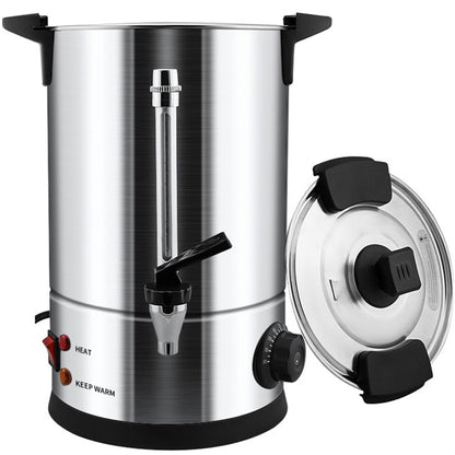 Electric hot water urn 12L showing stainless steel lid and plastic tap