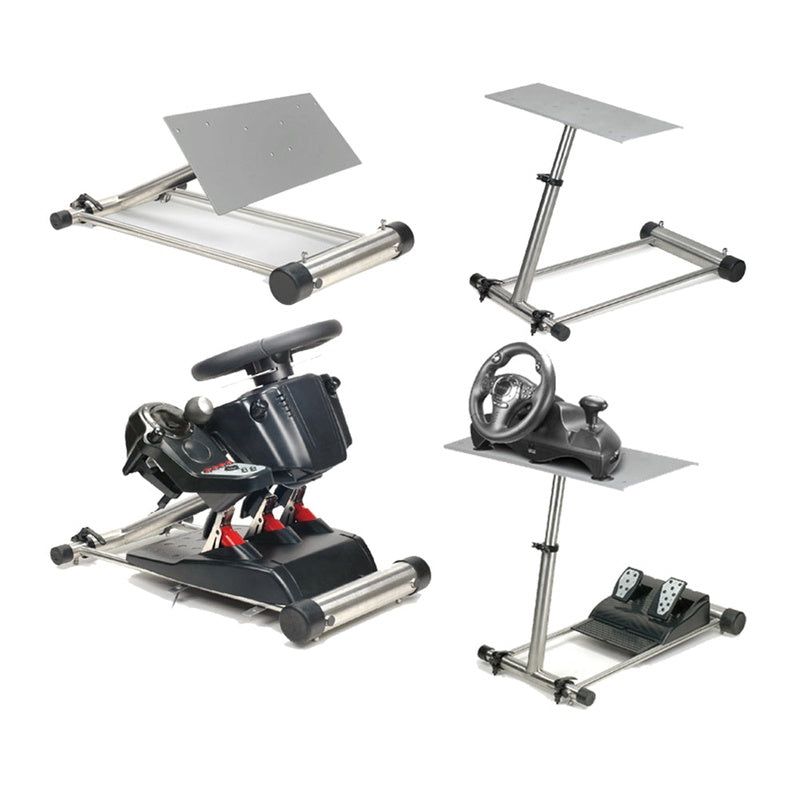 Gaming wheel stand for driving simulator showing leather and steel frame