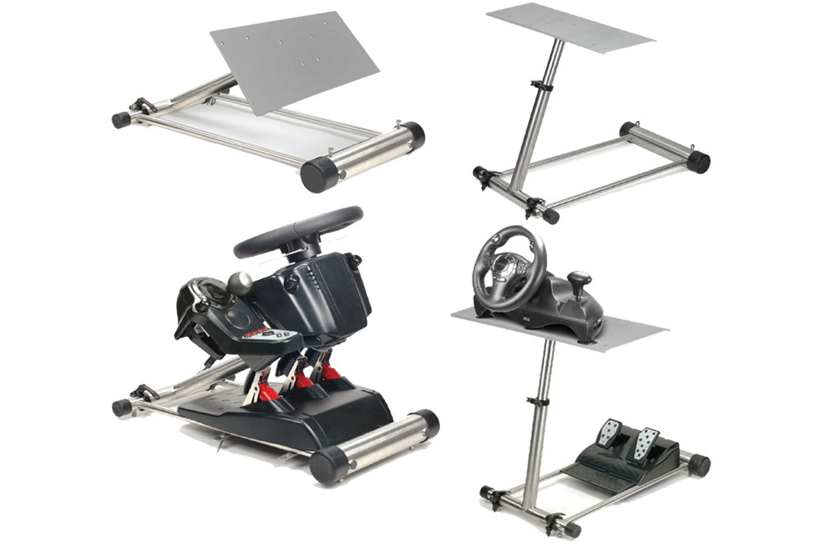 Side view of gaming wheel stand with adjustable height feature