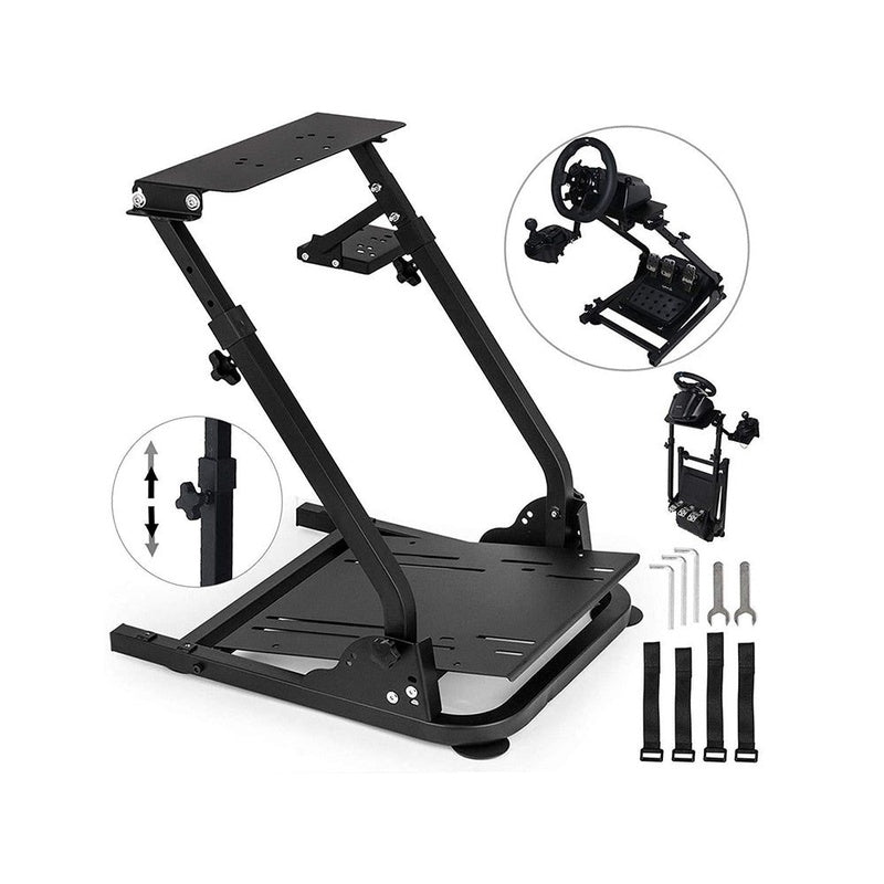 Gaming wheel stand showing steel frame and black finish