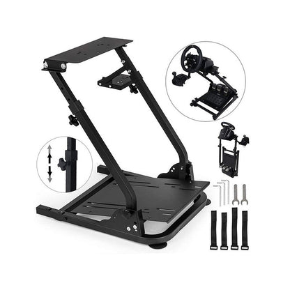 Gaming wheel stand showing steel frame and black finish
