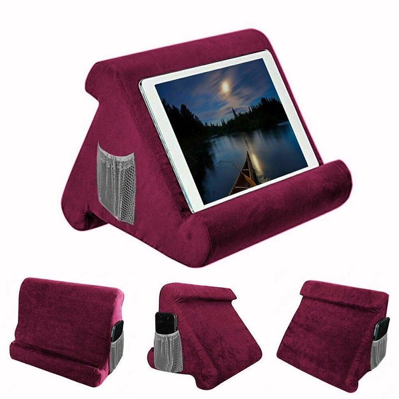 iPad pillow stand in red showing front angle with soft cotton blend