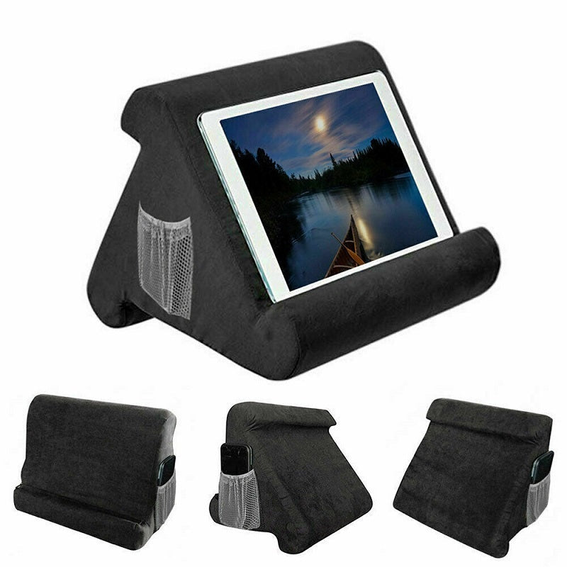 iPad pillow stand in black cotton blend from front angle