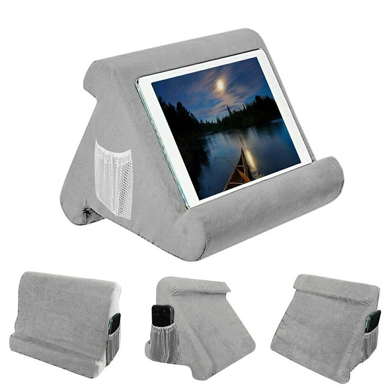 iPad pillow stand in grey cotton blend showing front view