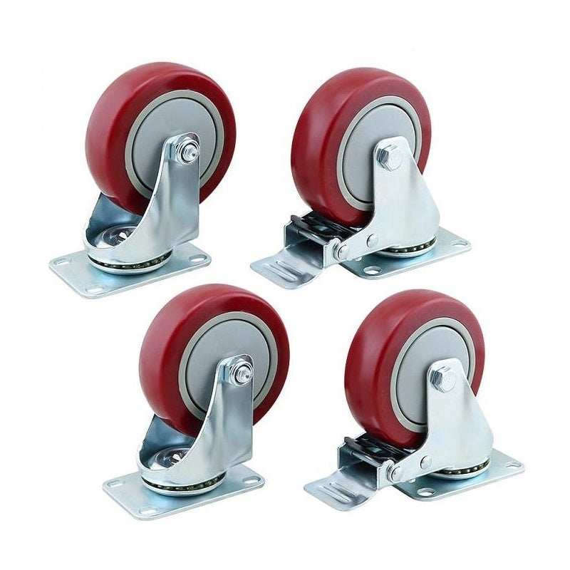 Red caster wheel kit showing 100mm PU wheel and metal frame