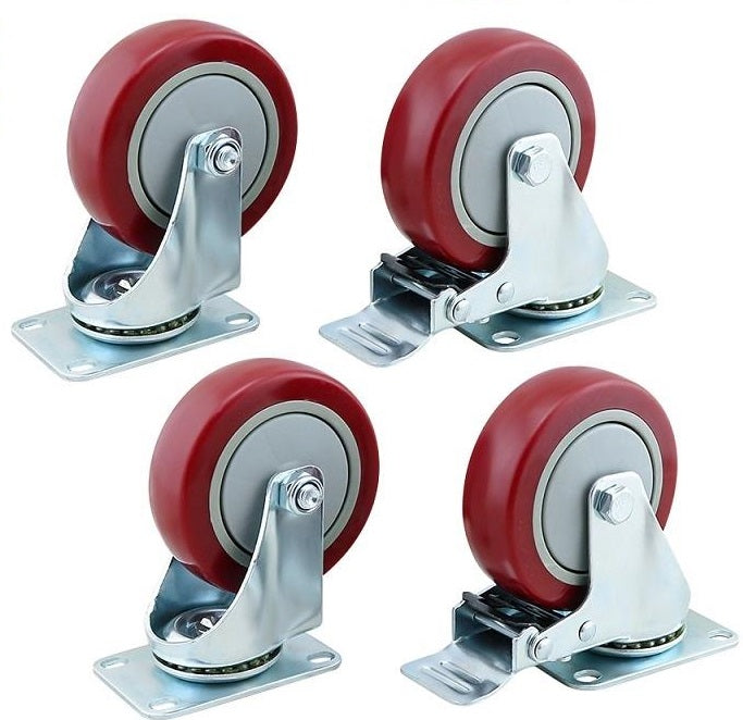 Caster Wheels Kit 100mm 4inch 2 with brakes+2 without brakes Red