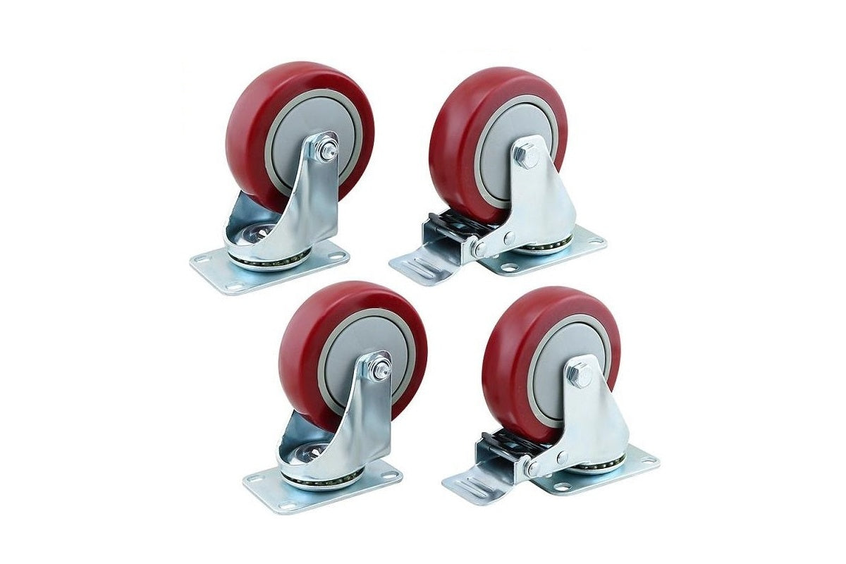 Close up of red caster wheel with brake lever engaged