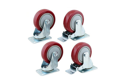 Close up of red caster wheel with brake lever engaged