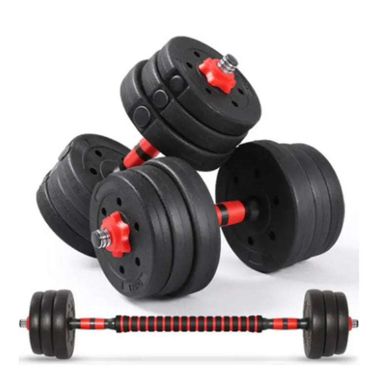 Adjustable dumbbell barbell set showing rubber coated 30kg weights