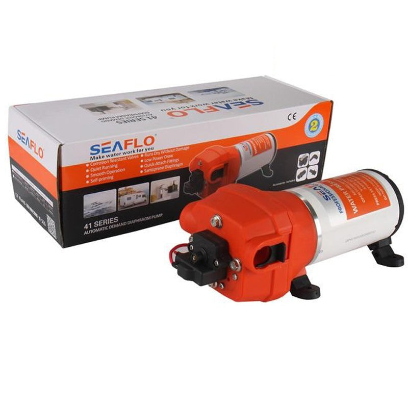 Seaflo high water pressure pump side view showing quick attach ports