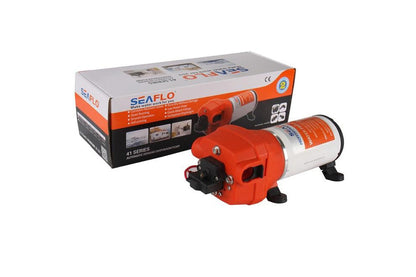 Top angle of Seaflo diaphragm pump with 12V wiring leads