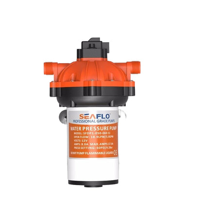 12V diaphragm water pump side view showing inlet and outlet ports