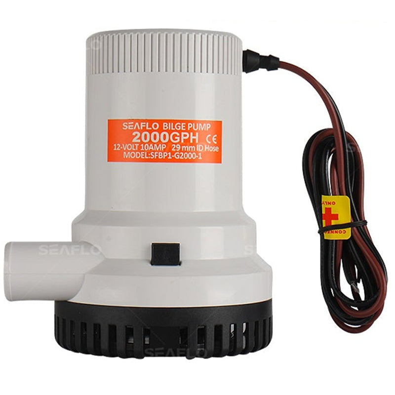 Water bilge pump 2000GPH showing front view with outlet