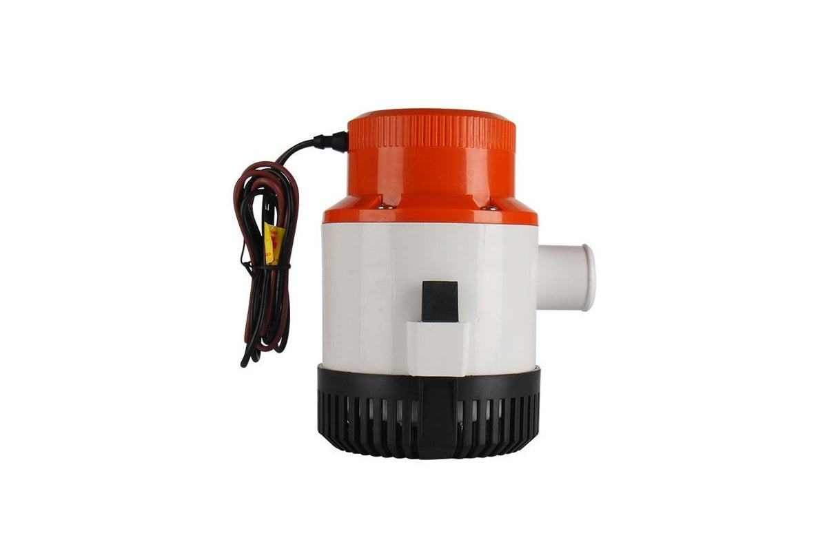 Close up of 12 volt submersible bilge pump motor and wiring