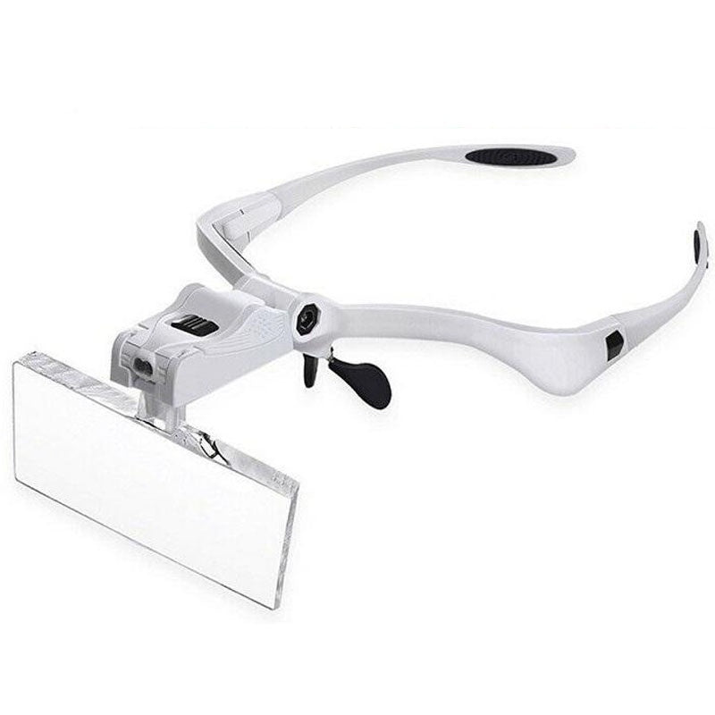 Head mount magnifier with LED lamp showing front view and white frame