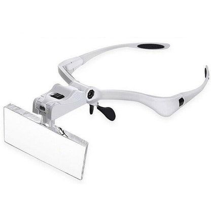 Head mount magnifier with LED lamp showing front view and white frame