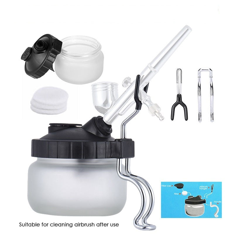 Airbrush cleaning pot with clear glass jar and metal handle