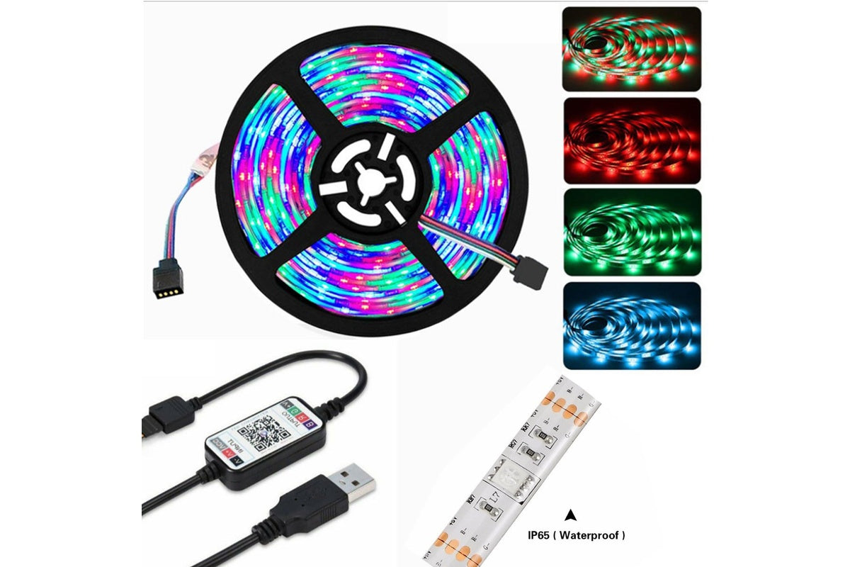 Close up of LED strip light RGB 5m with bright RGB colours