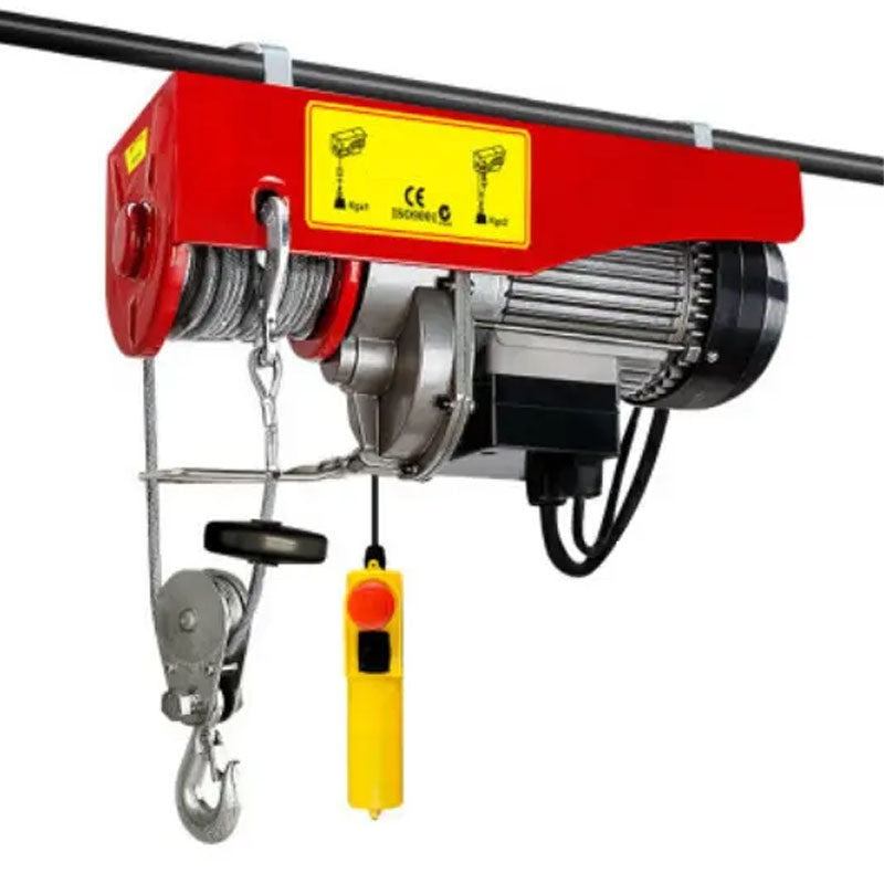 Electric hoist winch 300kg side view showing cast iron housing