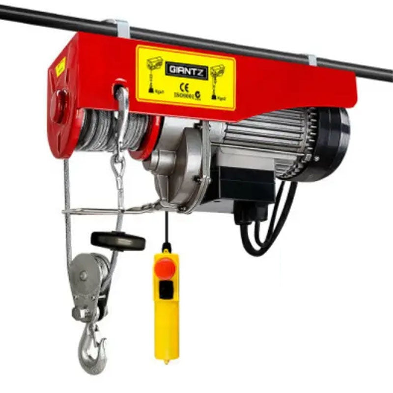 Electric hoist winch showing 500kg lift hook in steel finish