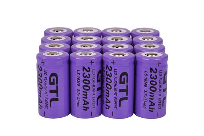 Close up of 16340 battery showing 2300mAh capacity label