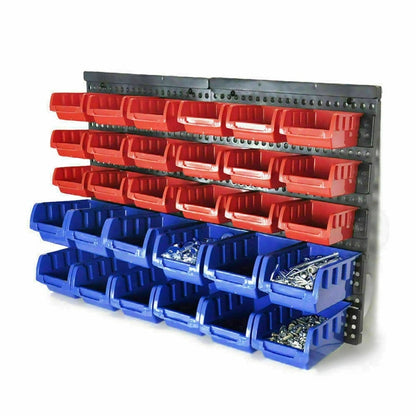 Wall mounted garage organiser with 30 red and blue bins