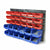 Wall mounted garage organiser with 30 red and blue bins