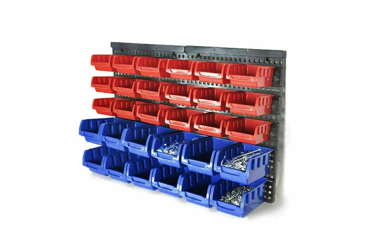 Close up of polypropylene bins on garage parts rack