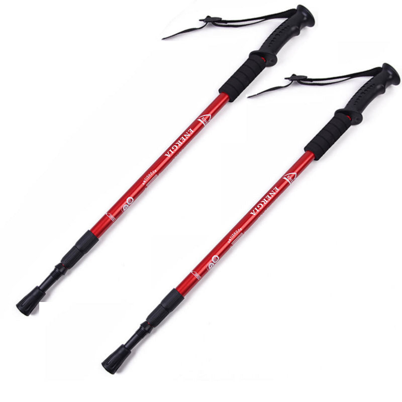 Close up of red aluminium trekking pole with quick lock feature