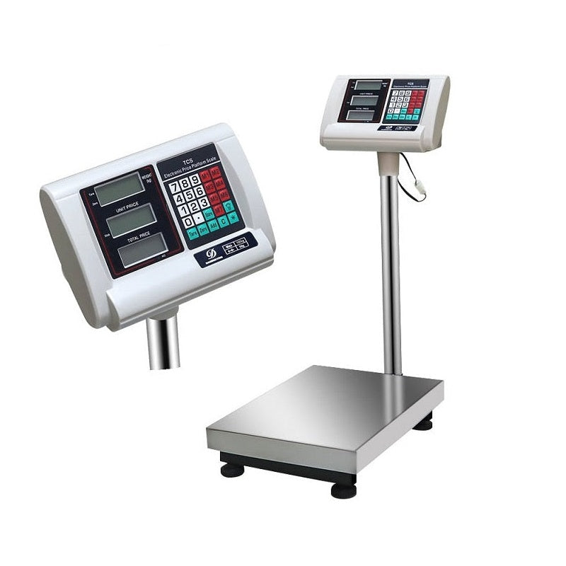 Digital platform scale showing stainless steel platform surface