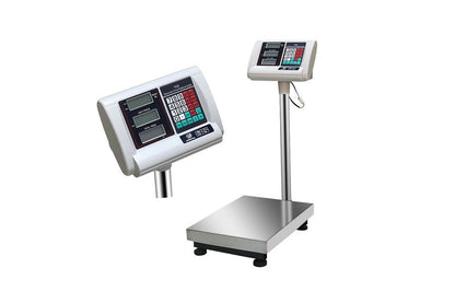 Side view of digital platform scale with silver finish